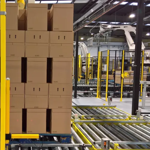 E2M Couth R-series palletising robot cell stacking boxes onto a pallet