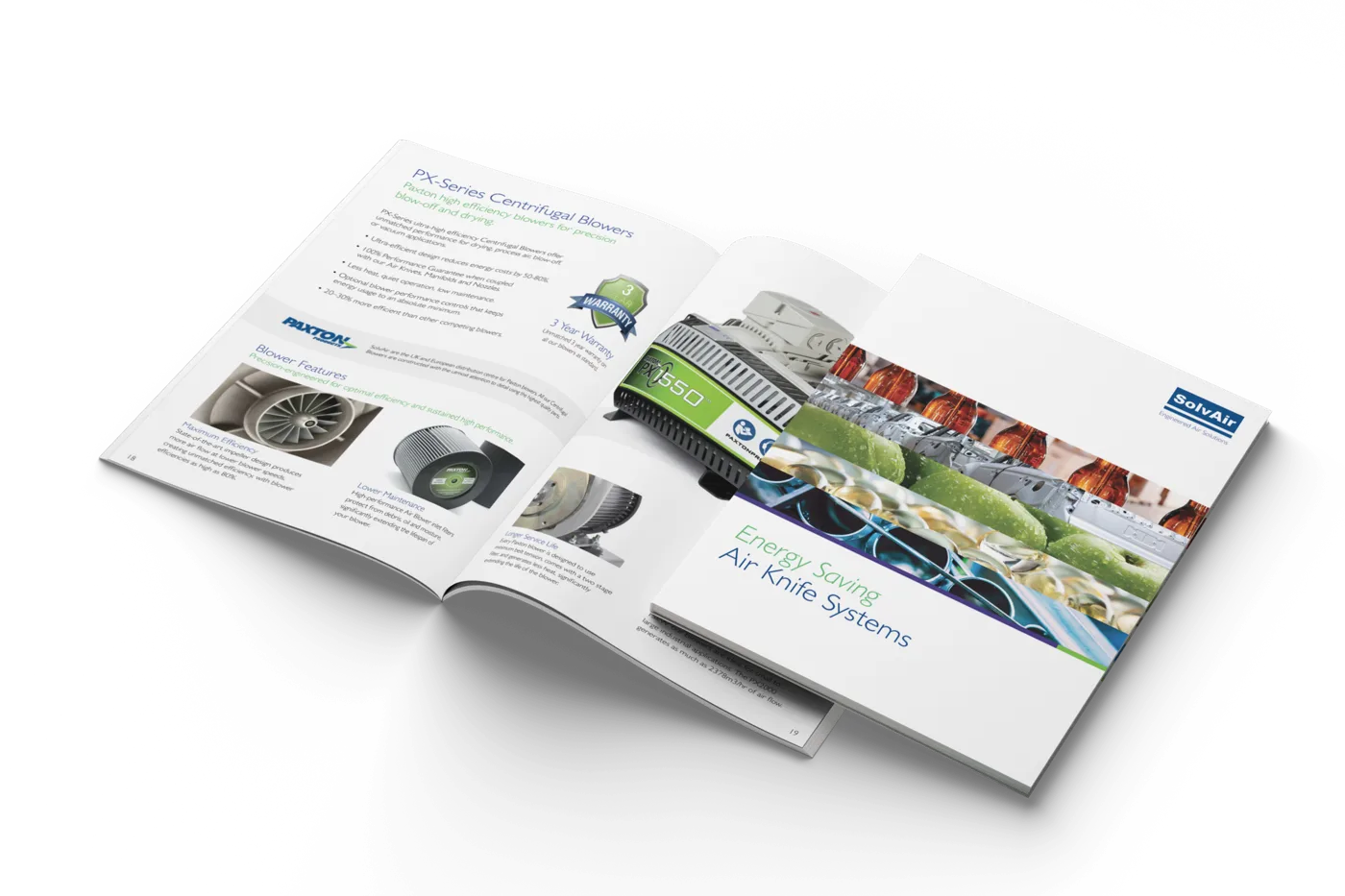 The SolvAir brochure, open at the PX-Series centrifugal blowers pages